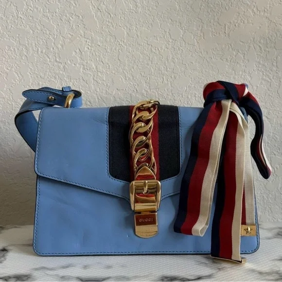 Gucci Sylvie Light Blue Crossbody Bag with Red and Gold Details - Picture 1 of 16